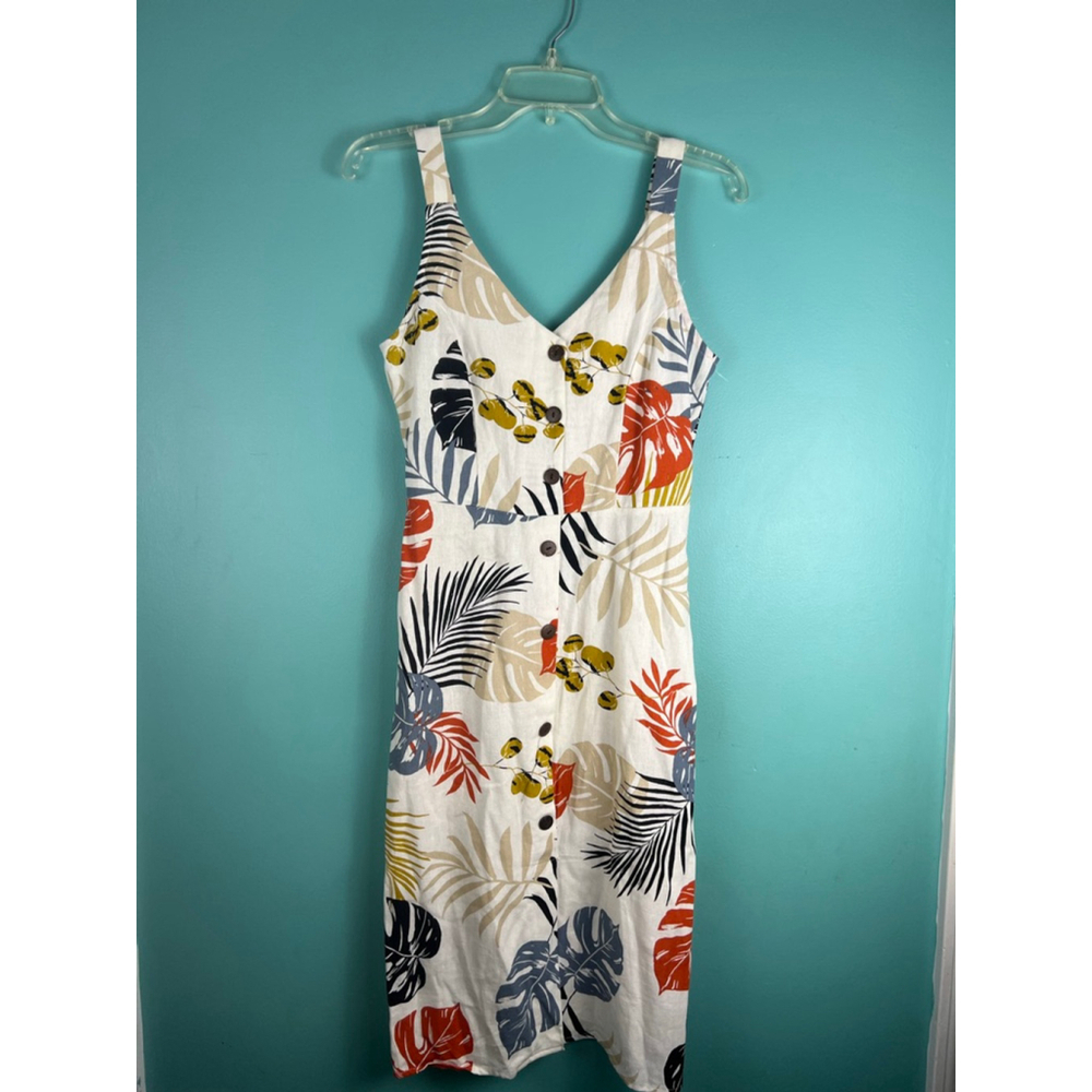 Monteau Los Angeles Women’s XS Linen Blend Tropical Button Front Midi Dress